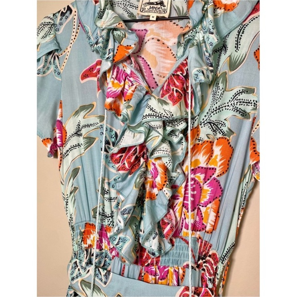 Jaase Boho Aqua Light Blue Floral Dress Ruffle Flowy Tassel Smocked Medium - Picture 9 of 16